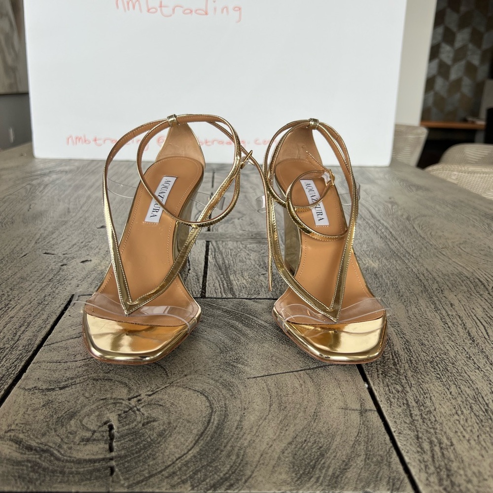 Aquazzura glossy gold metallic leather size 8M(38) strappy wedge heel sandals - Picture 13 of 16
